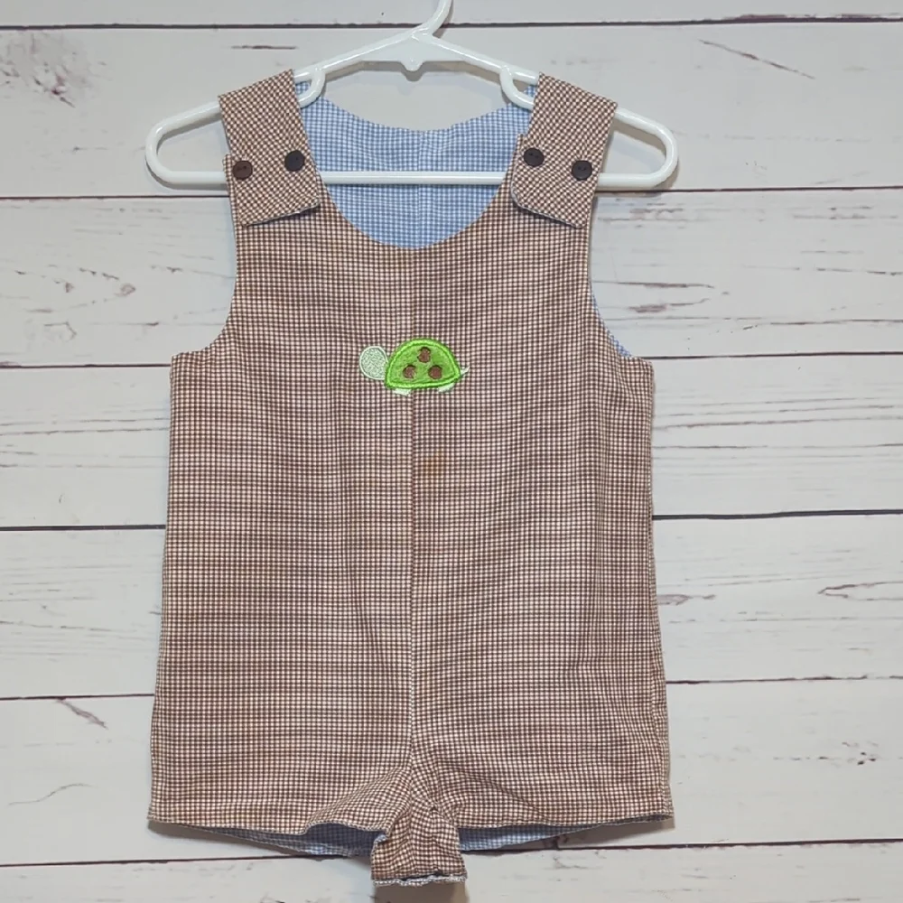 Vintage Baby Boy Infant Blue Gingham‎ Baby Romper Shortall Bunny Turtle 6-12 MO.